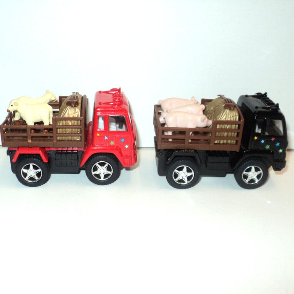 Lot of 2 Kinsfun Farm Trucks with Pigs and Sheep Pull-Back Diecast 3 1/4" Long